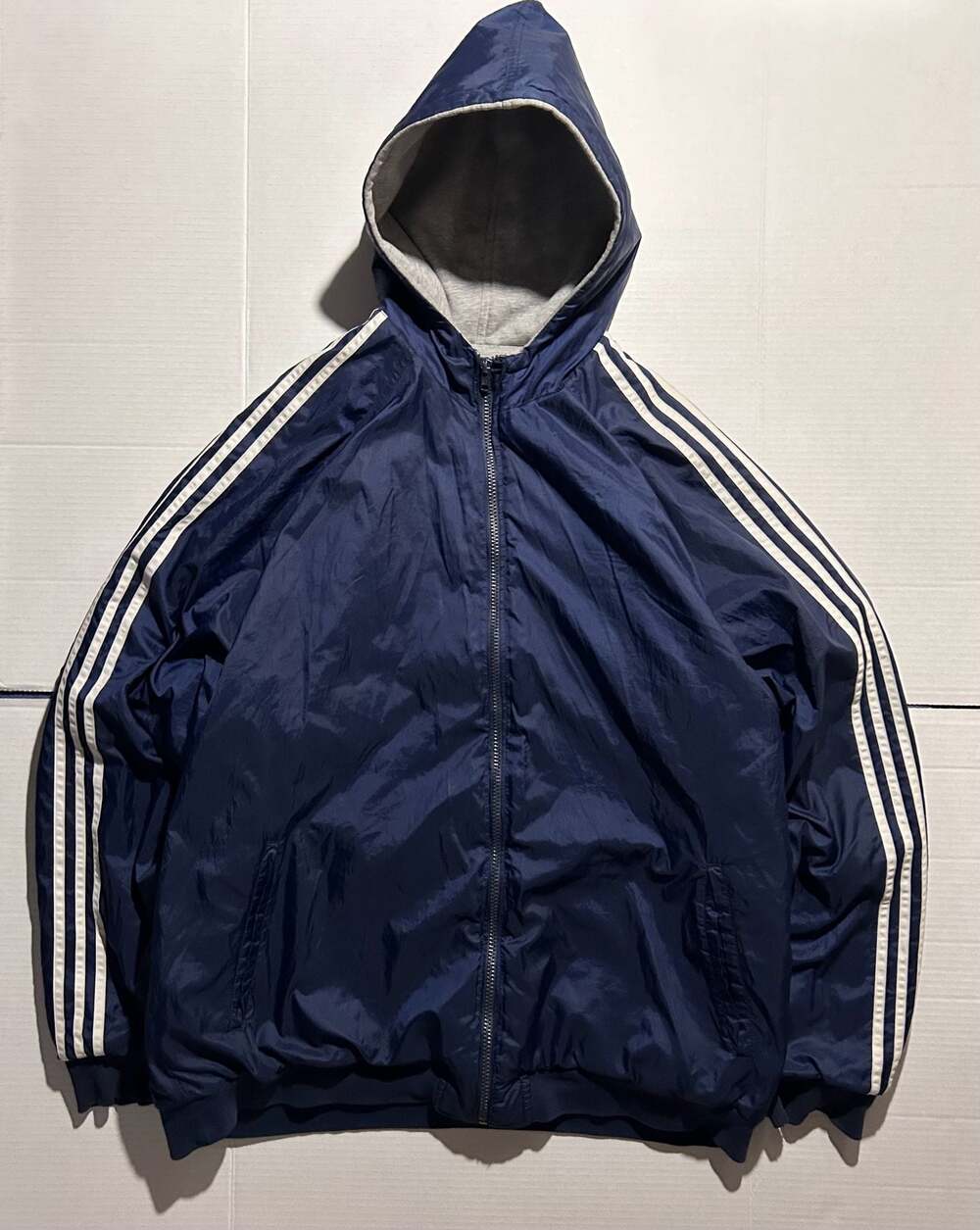 Vintage 90s Adidas Reversible Full-Zip Hooded Track Jacket in Navy and Grey